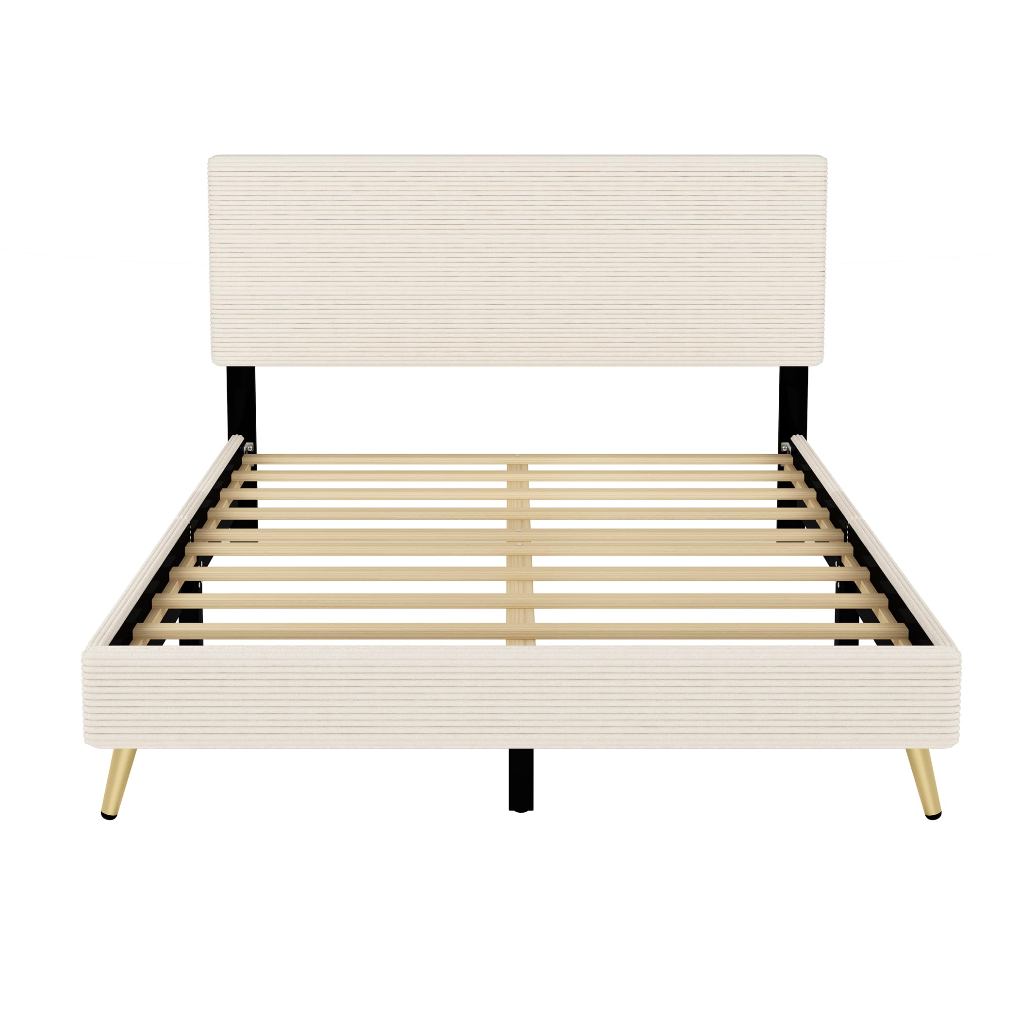 Queen Size Corduroy Upholstered Platform Bed Frame with Horizontal Stripe Headboard