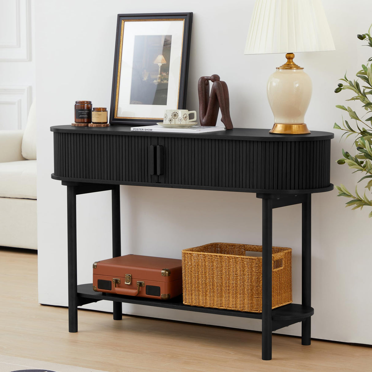 Fluted Console Table, Modern Entryway Table with Tambour Sliding Door