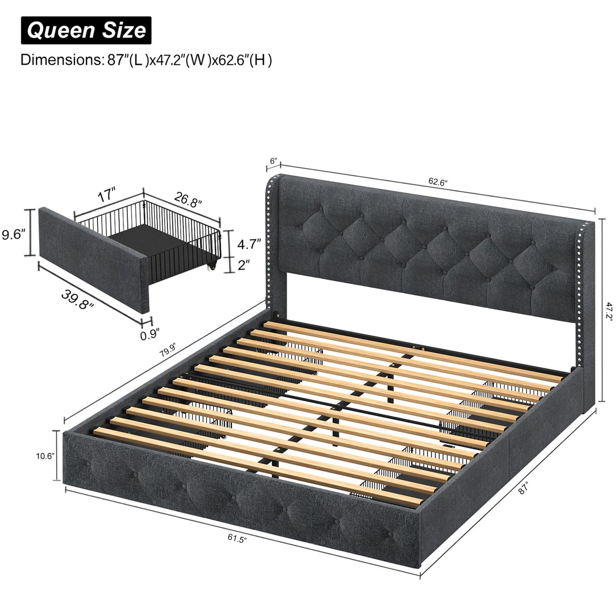 Queen Size Platform Bed Frame with 4 Storage Drawers and Wingback, Modern Linen