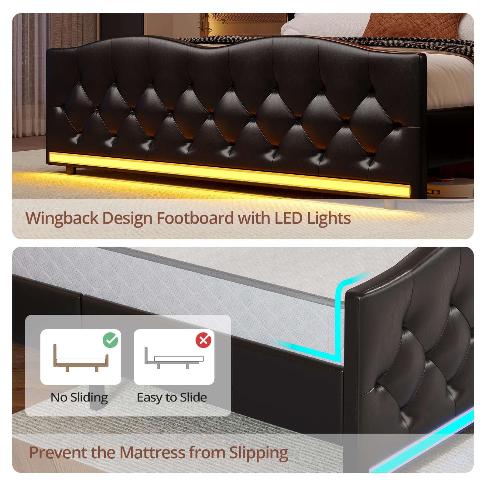 BTHFST Queen Size Bed Frame Tall Headboard with LED Lights & Charging Station, Upholstered Wing Headboard & Footboard, Heavy Duty Wooden Slats, No Box Spring Needed, Easy Assembly (Black, Queen)