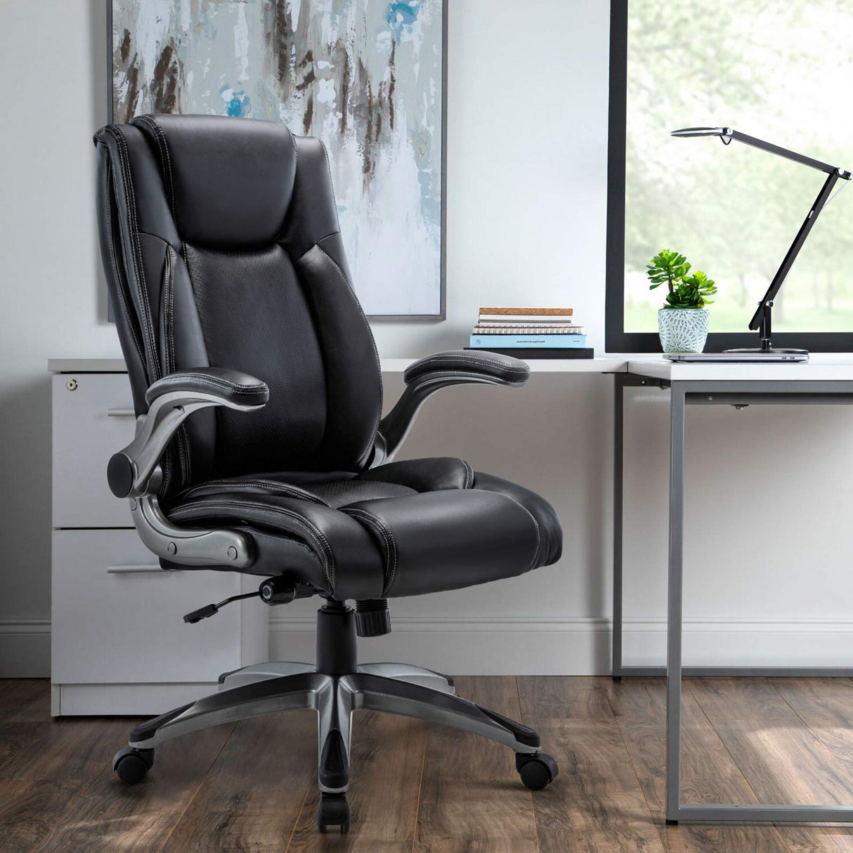 High Back Office Chair with Flip-up Arms, Executive Computer Desk Chair Bonded Leather Adjustable