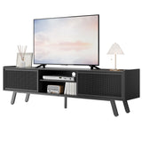 Black TV Stand for 65 70 Inch TV, Modern Iron Rattan TV Console with Sliding Door