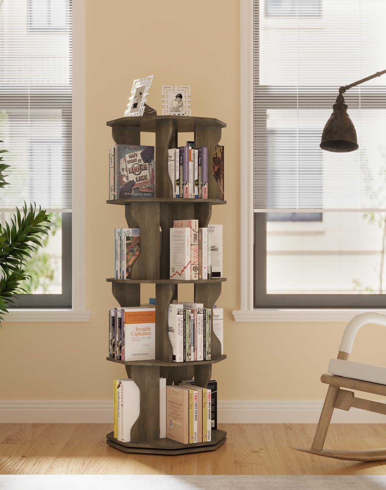 Rotating Bookshelf, 360 Display Spinning Bookshelf Tower, 4-Tier Floor Standing Bookcase for Small Space, Corner Revolving Bookshelf Storage Rack for Bedroom, Kids Room, Living Room, Office