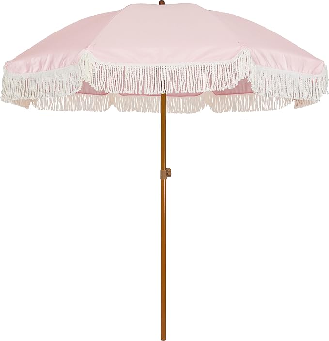 7ft Patio Umbrella with Fringe Outdoor Tassel Umbrella UPF50+ Premium Steel