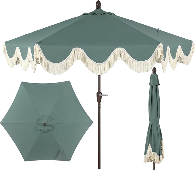 UMB1001G Collins 9 ft. Classic Cottage Tassel Market Patio Umbrella with Auto-Tilt