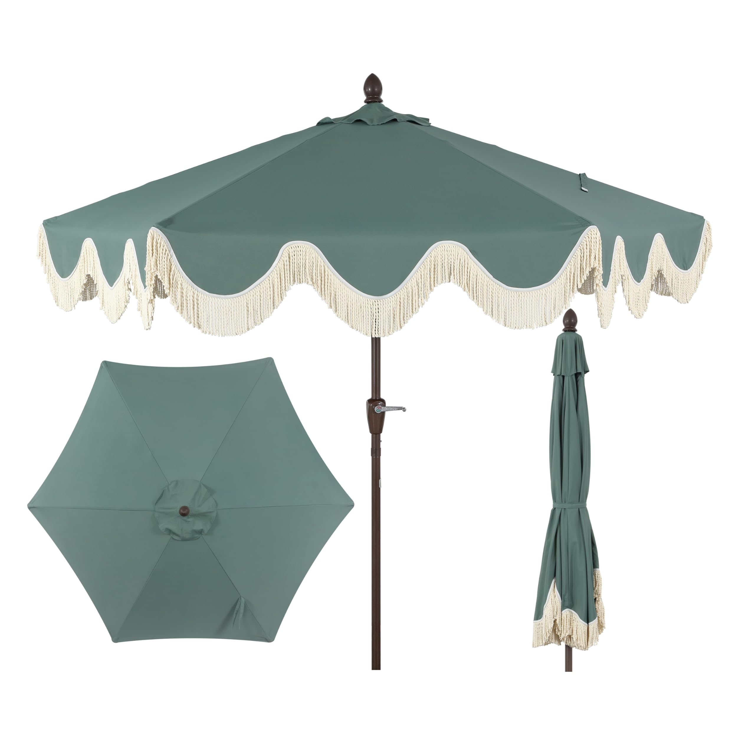 UMB1001G Collins 9 ft. Classic Cottage Tassel Market Patio Umbrella with Auto-Tilt