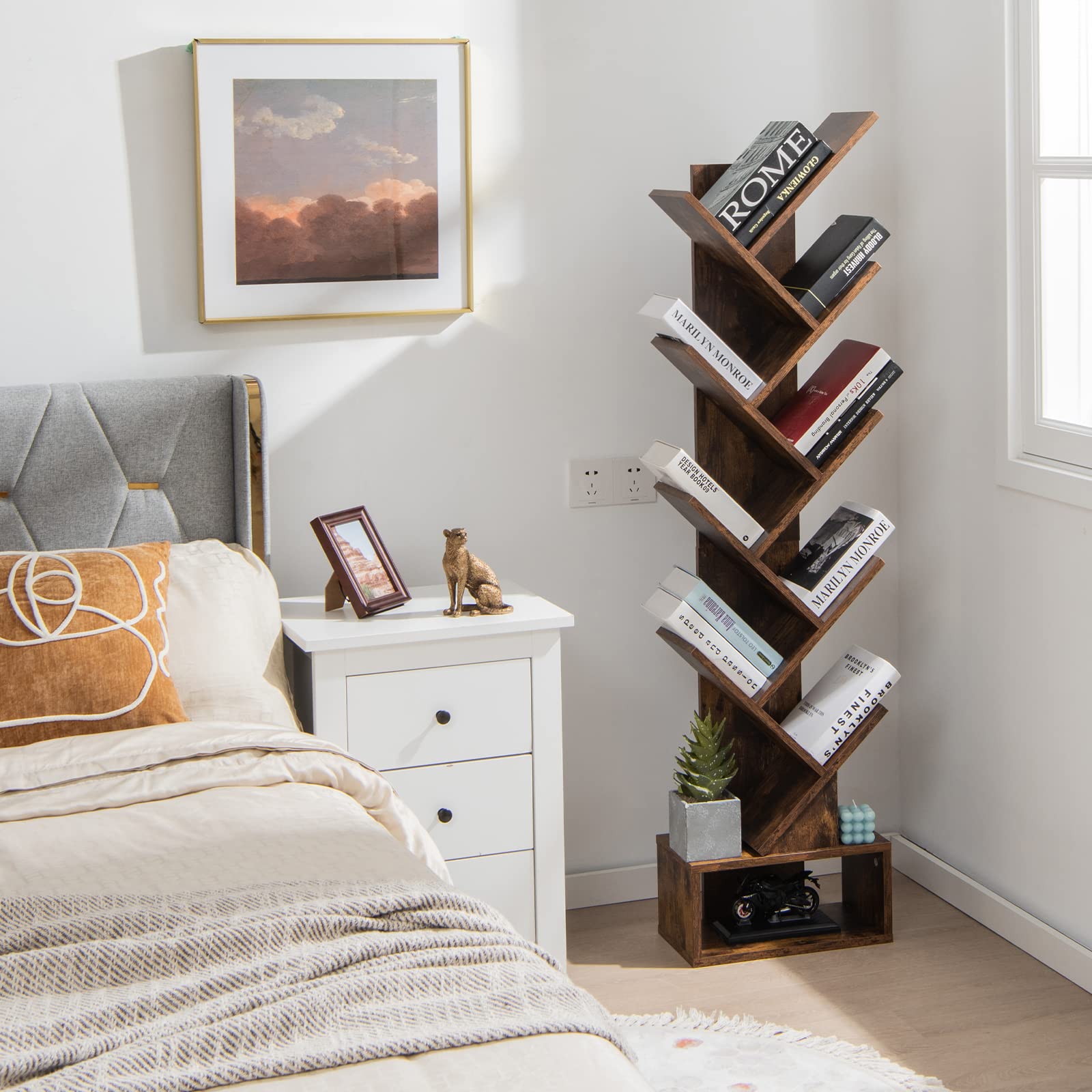 Tree Bookshelf with Drawer, 10 Shelf Space Saving Rustic Brown Wooden Bookcase