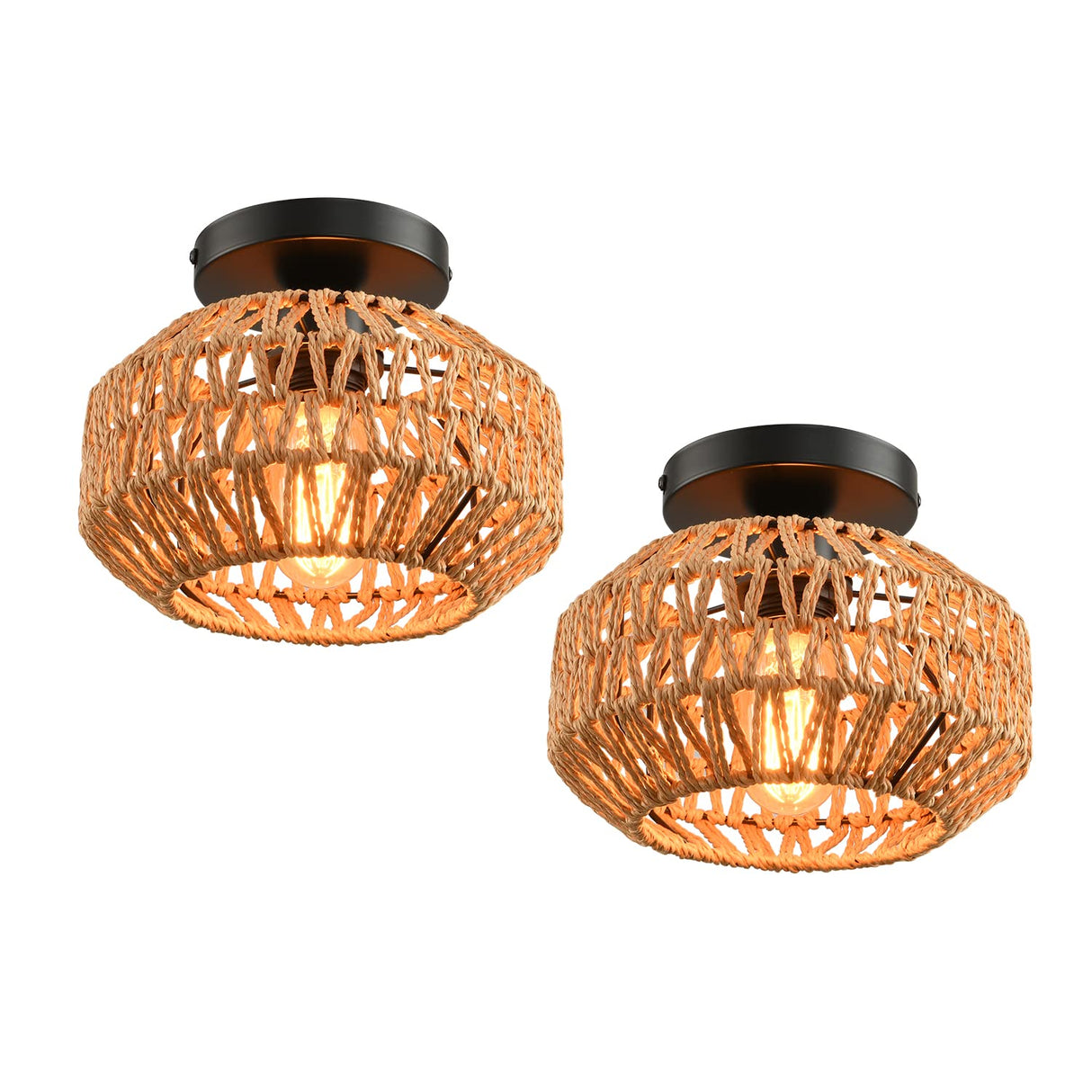 2 Pack Farmhouse Light Fixtures Ceiling Mount,Mini Rattan Boho Semi Flush Mount Ceiling