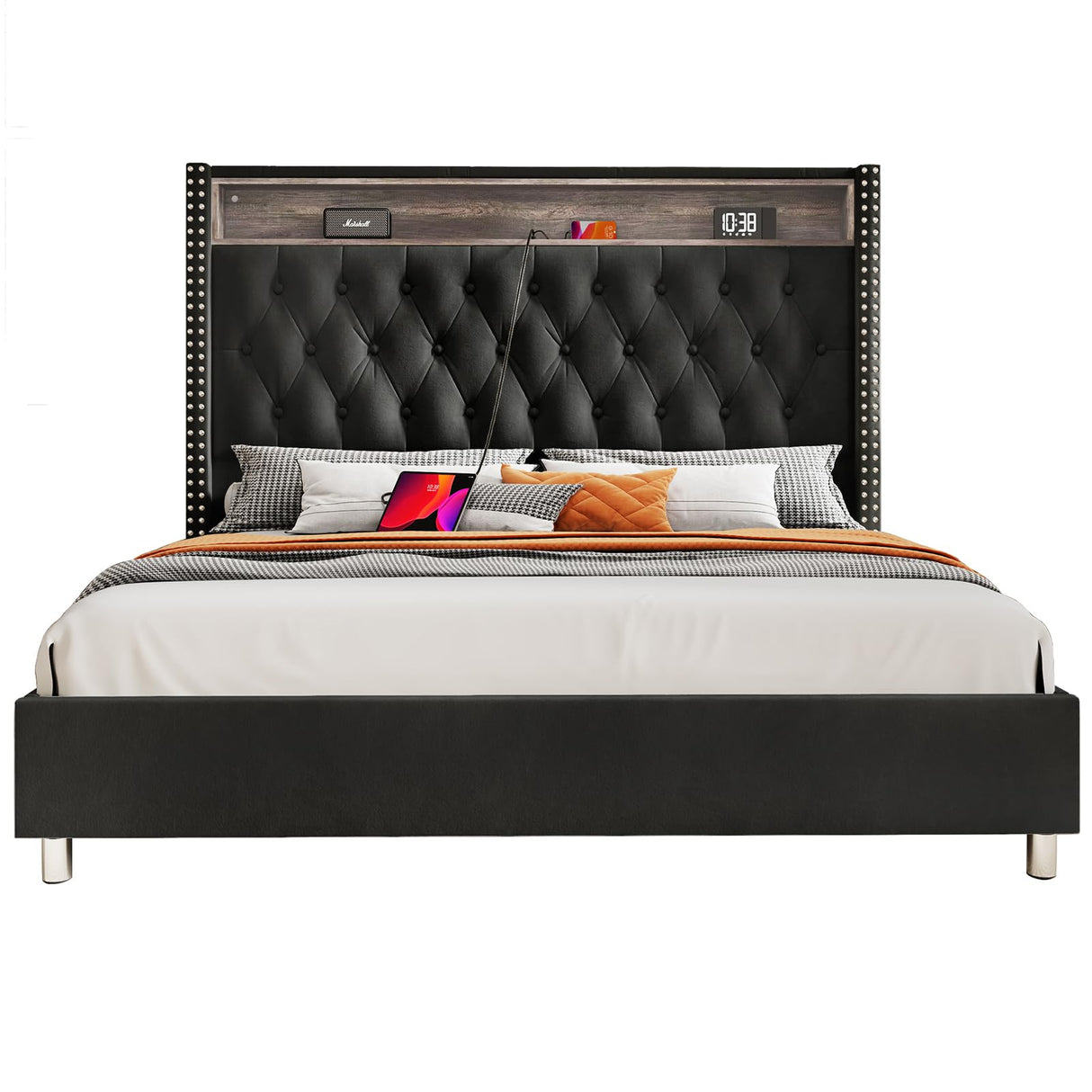 Bed Frame with LED Lights and Charging Station, Velvet Tall Upholstered Platform Bed