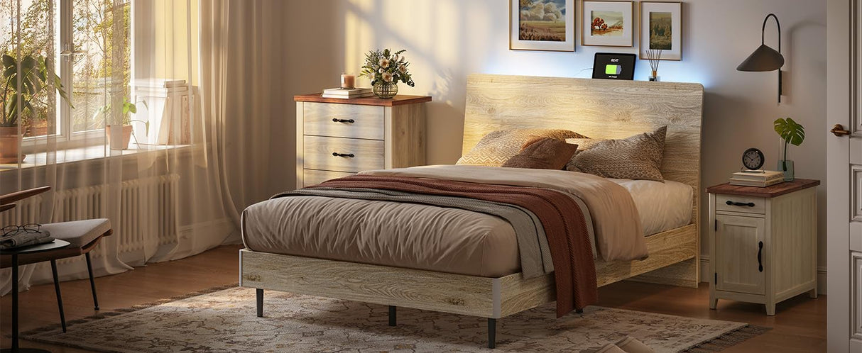 Queen Wood Bed Frame with Ergonomic Headboard, RGB Lights, Outlets & Charger,