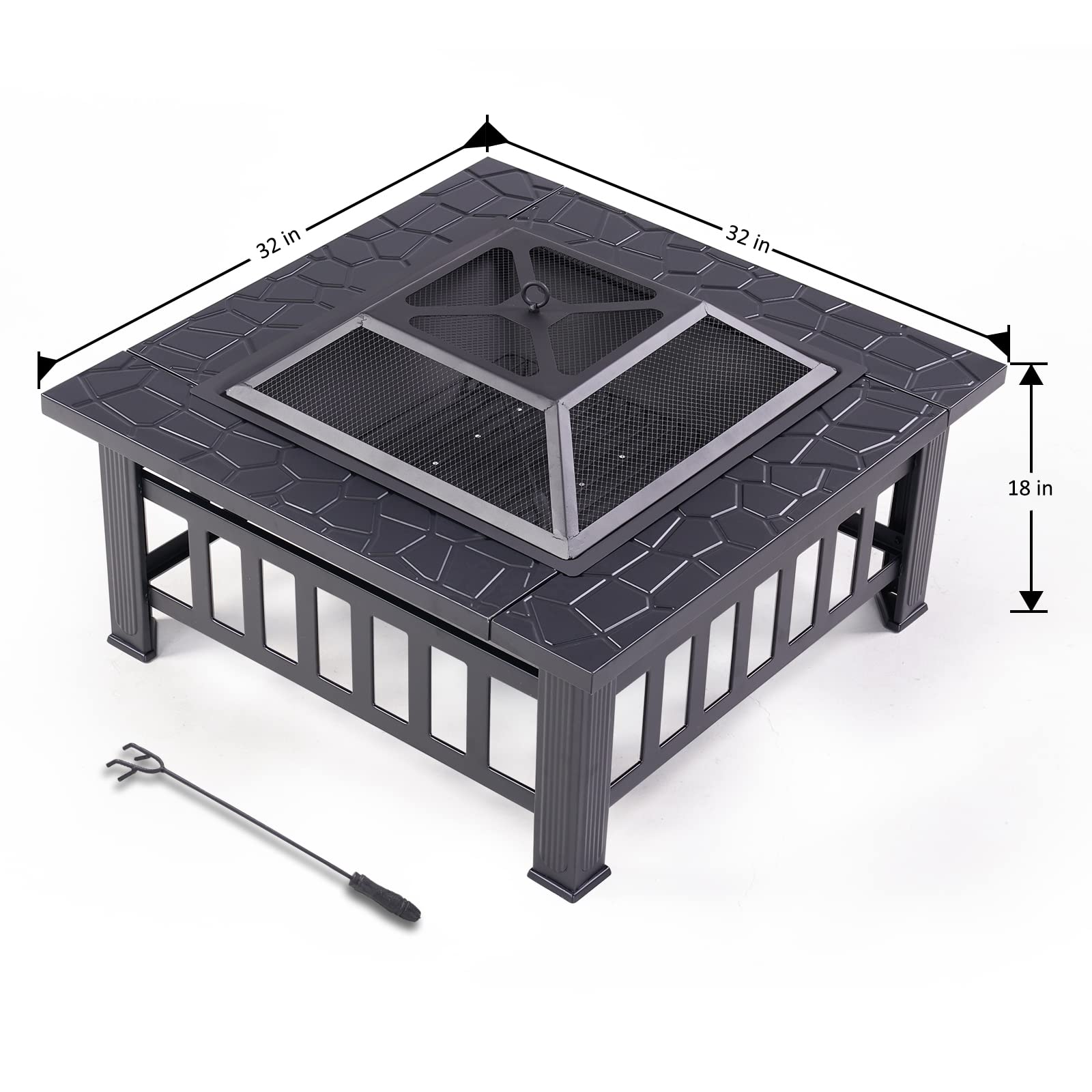 Redeo Outdoor Fire Pit Wood Burning Square FirePit for Outside Backyard Heating BBQ Drink Lawn Decoration (32 Inch)