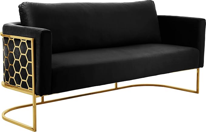 692Black-S Casa Collection Velvet Upholstered Sofa with Gold Iron Metal Design