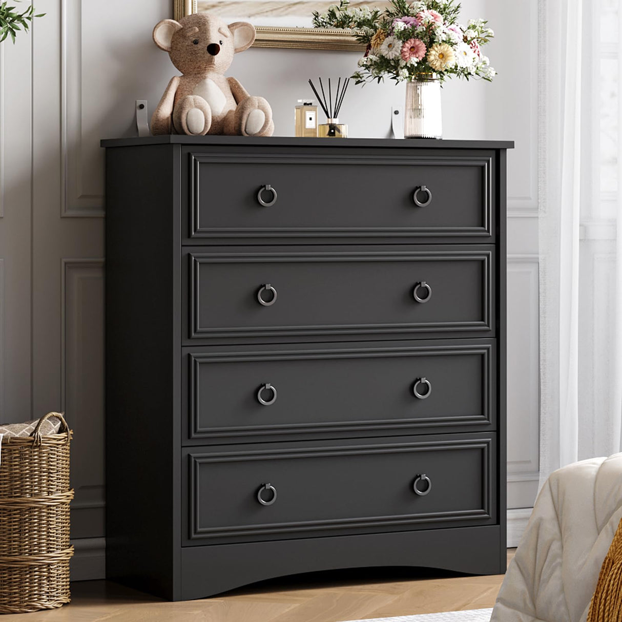 Tall Black Dresser for Bedroom, 4 Drawer Wood Dresser for Closet, Modern Chest of Drawers