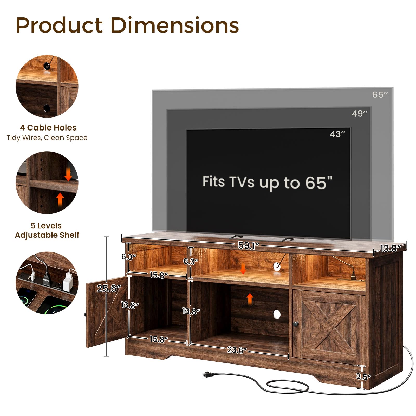 65 Inch Farmhouse TV Stand with Power Outlet & LED Lights