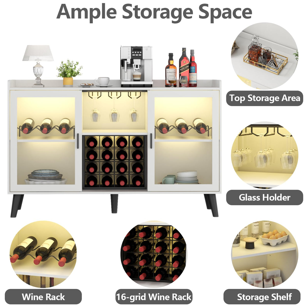 Wine Bar Cabinet with LED Light, Home Coffee Cabinet with Wine Rack and Glass Holder