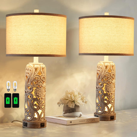 Set of 2 Rustic Farmhouse Table Lamps for Living Room Bedroom, Vintage Bedside Lamp