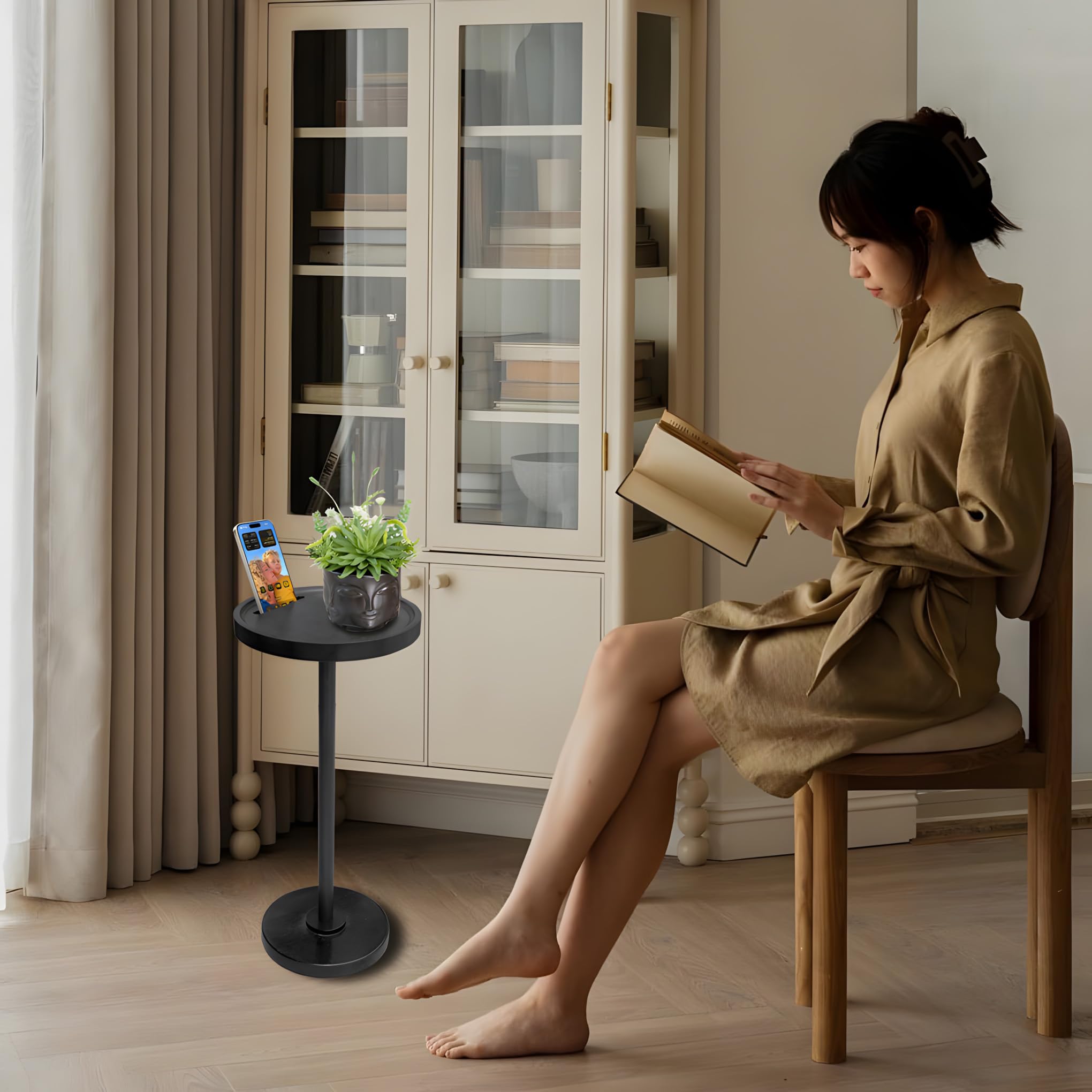 Pedestal End Table, Sturdy Drink Table Pedestal with Phone Mount, Pedestal Side Table