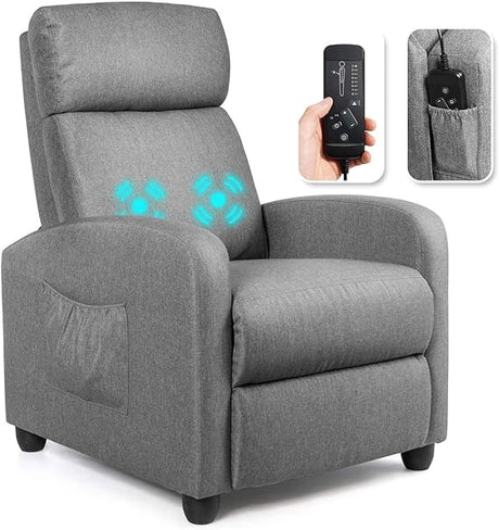 Recliner Chair, Massage Wingback Single Sofa w/Side Pocket, Fabric Recliner