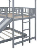 Twin Over Full Bunk Bed with Slide and Built-in Ladder, House Shaped Solid Wood Bunk Beds with Full-Length Guardrail for Kids,Teens, Adults, No Box Spring Required, Gray