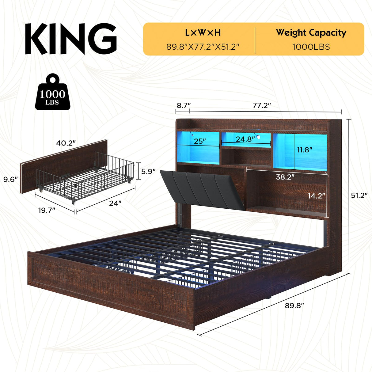 LUXOAK King Farmhouse Bed Frame with Bookcase Headboard and 4 Drawers, LED Storage Bed with Charging Station & Linen Upholstered, No Box Spring Needed, Reclaimed Barnwood