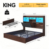 LUXOAK King Farmhouse Bed Frame with Bookcase Headboard and 4 Drawers, LED Storage Bed with Charging Station & Linen Upholstered, No Box Spring Needed, Reclaimed Barnwood