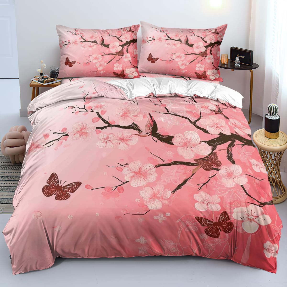 Pink Floral Butterfly Comforter Bedding Set King Size Japanese Cherry Blossom Bed Sets