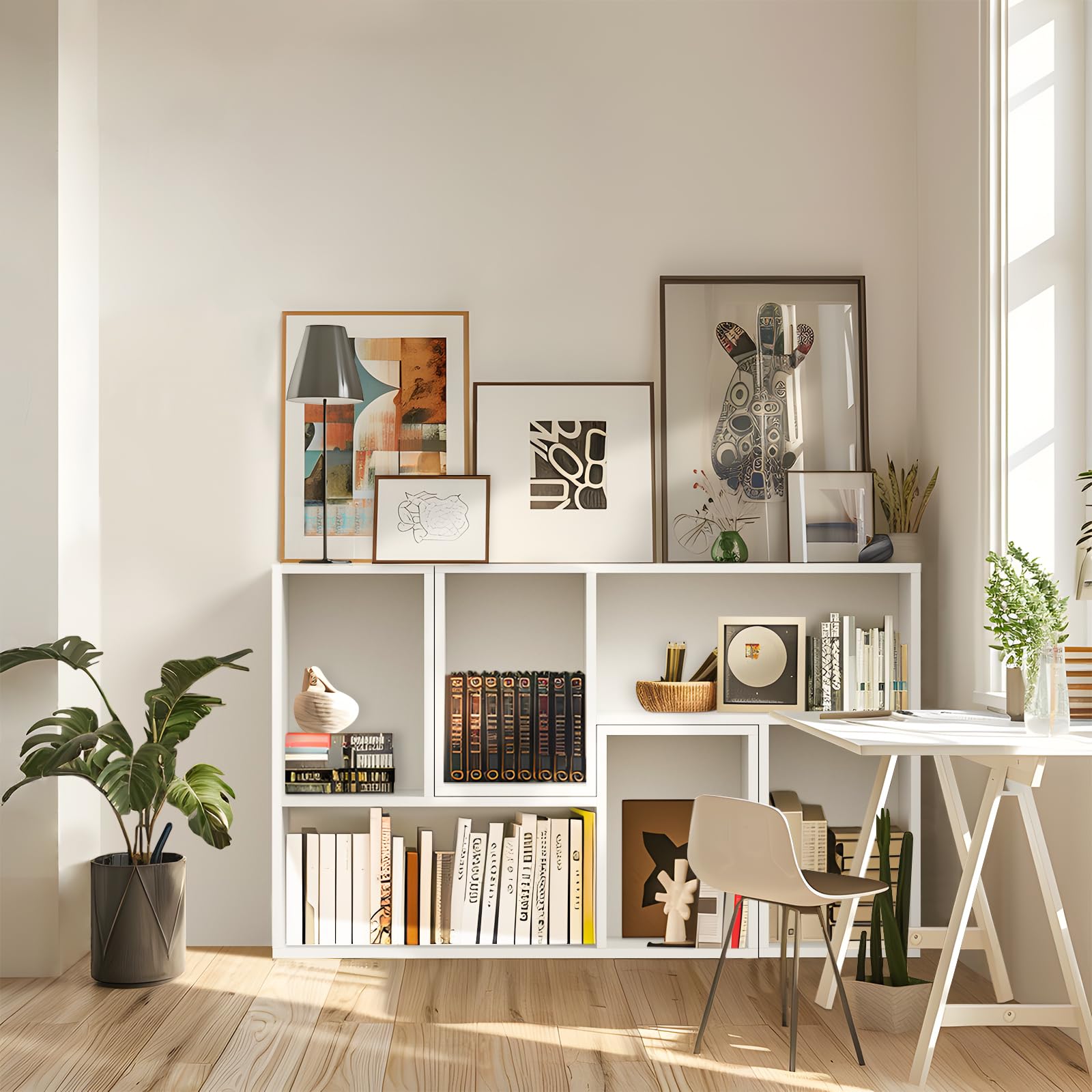 Free-Form Modular Shelving Unit, Freestanding Bookcase 10 Inches Deep, Display Shelf Storage Organizer for Home Office, White