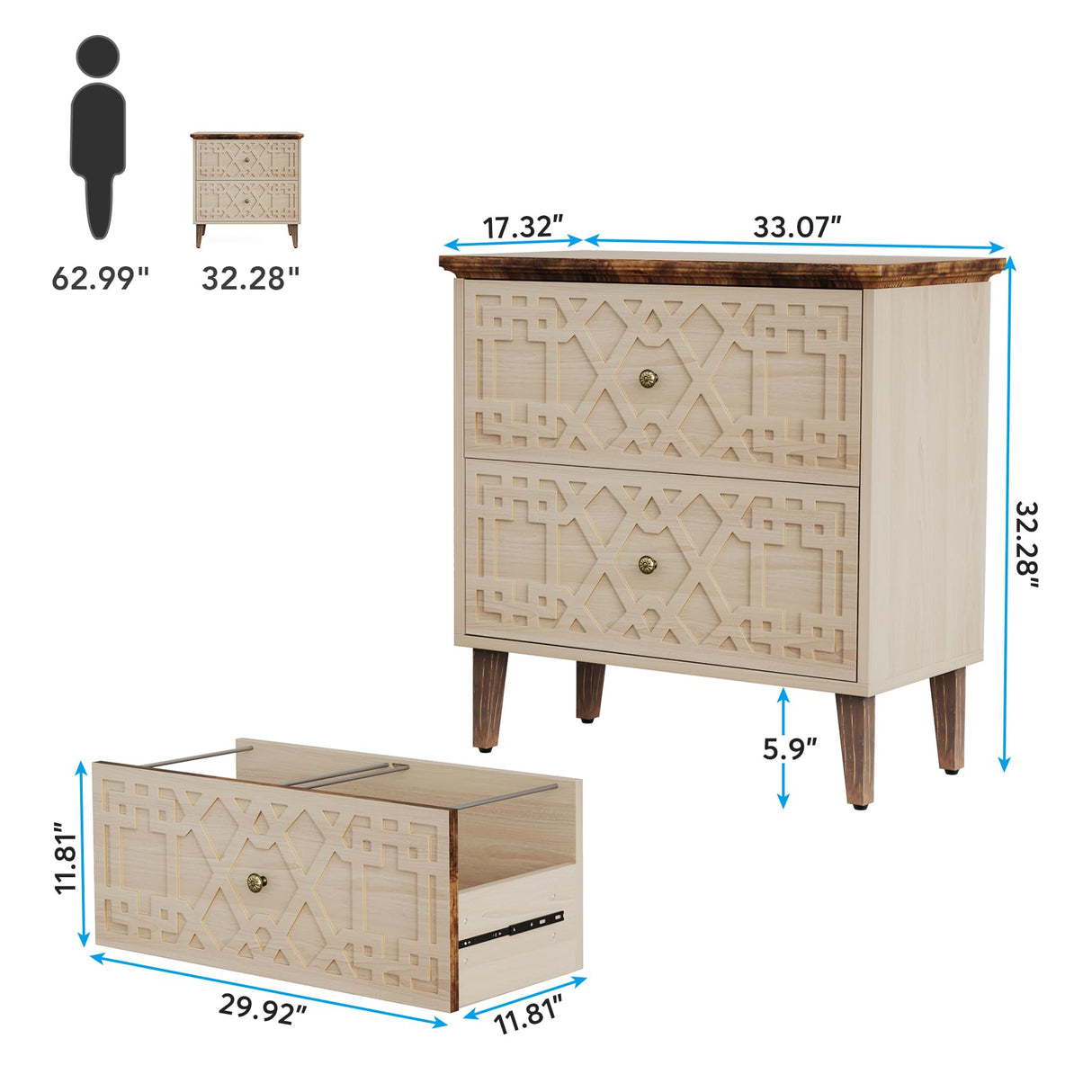 2 Drawer Lateral File Cabinet, Office Filing Cabinet for A4 / Letter Size/Legal Size Files