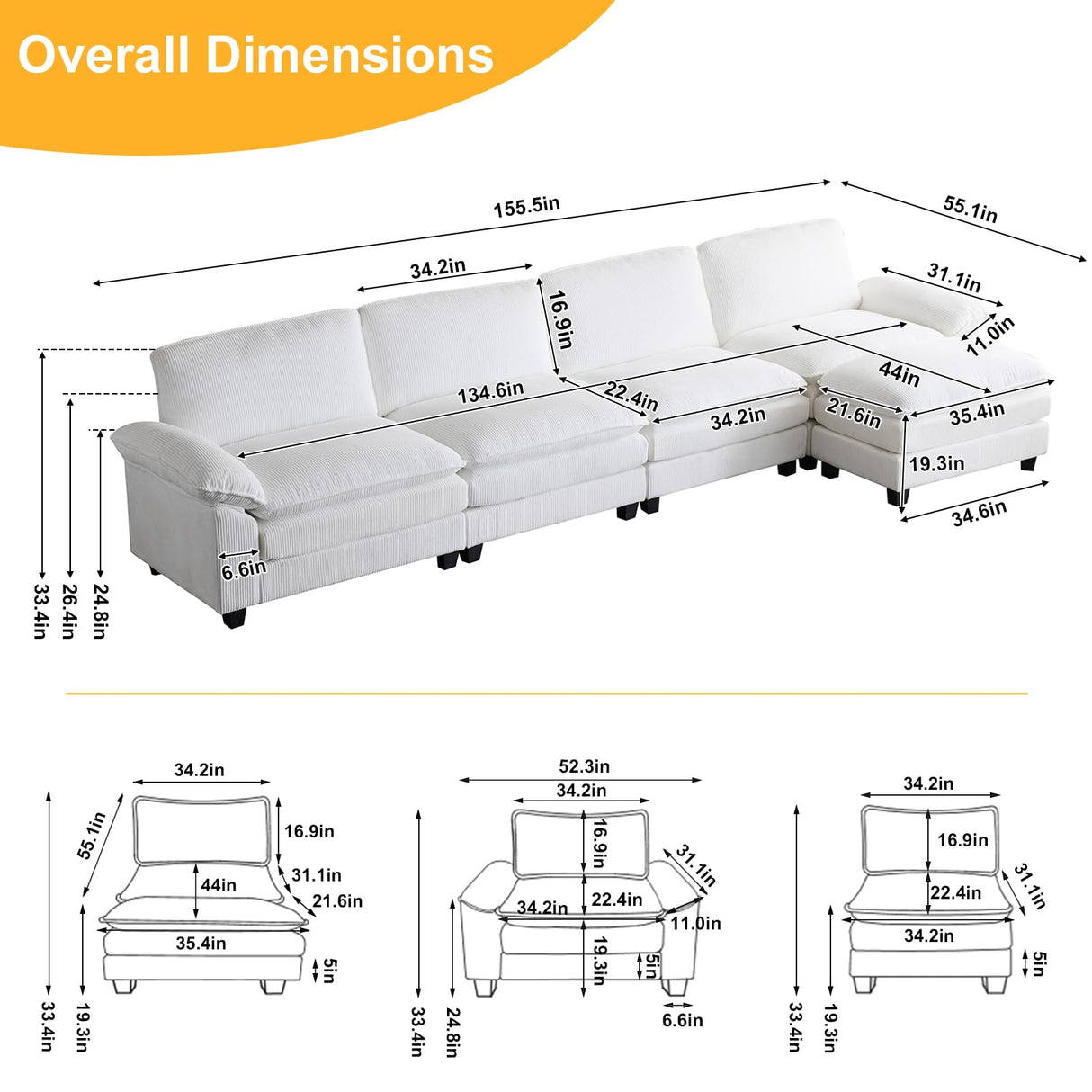 Karl home Sectional Sofa Modular Deep Seat Sofa Couch with Ottoman, Corduroy Sofa Sleeper Comfy Upholstered Furniture for Living Room, Apartment, Studio, Office, (4-Seat & 1-Ottoman, White)