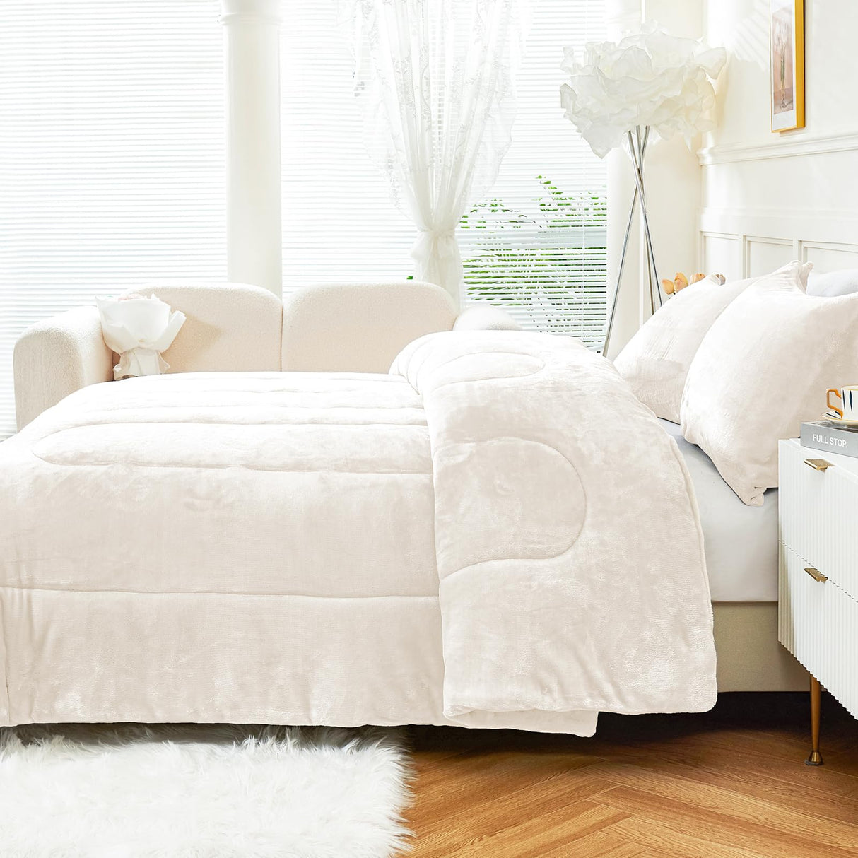 Faux Fur Comforter Set Queen Size, Luxury Ultra Soft Fuzzy Comforter, Fluffy Plush Velvet Bedding Comforter Sets
