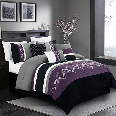 Arden 7-Piece Modern Pleated Stripe Embroidered Zigzag Bedding Comforter