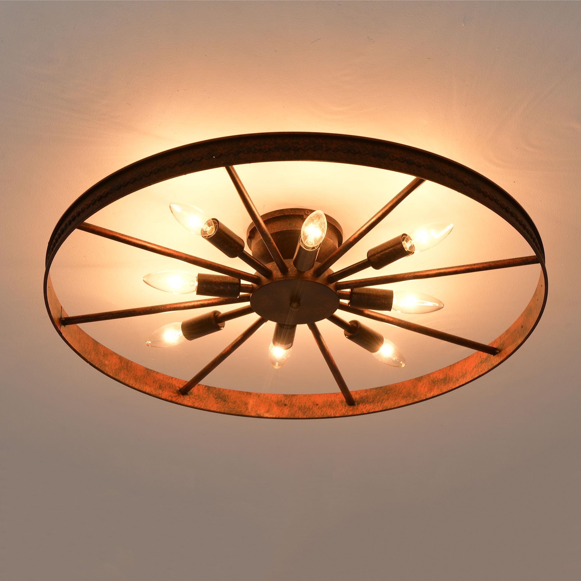 Farmhouse Ceiling Light - 26.8" Red Rust Metal Flush Mount Fixture (8-Light)