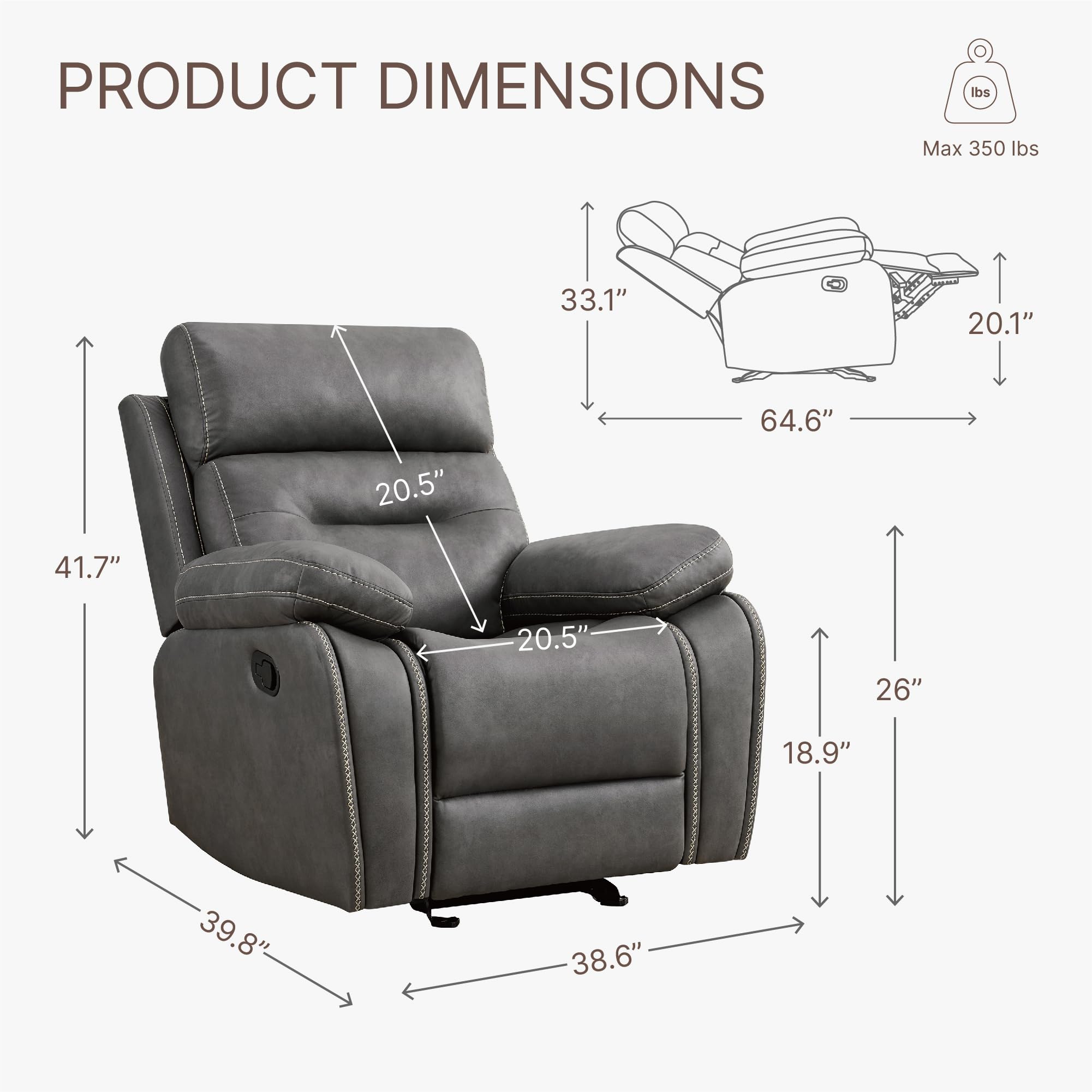 Kislot Faux Leather Glider Rocker Recliner – Manual Push-Back, Ergonomic Comfort
