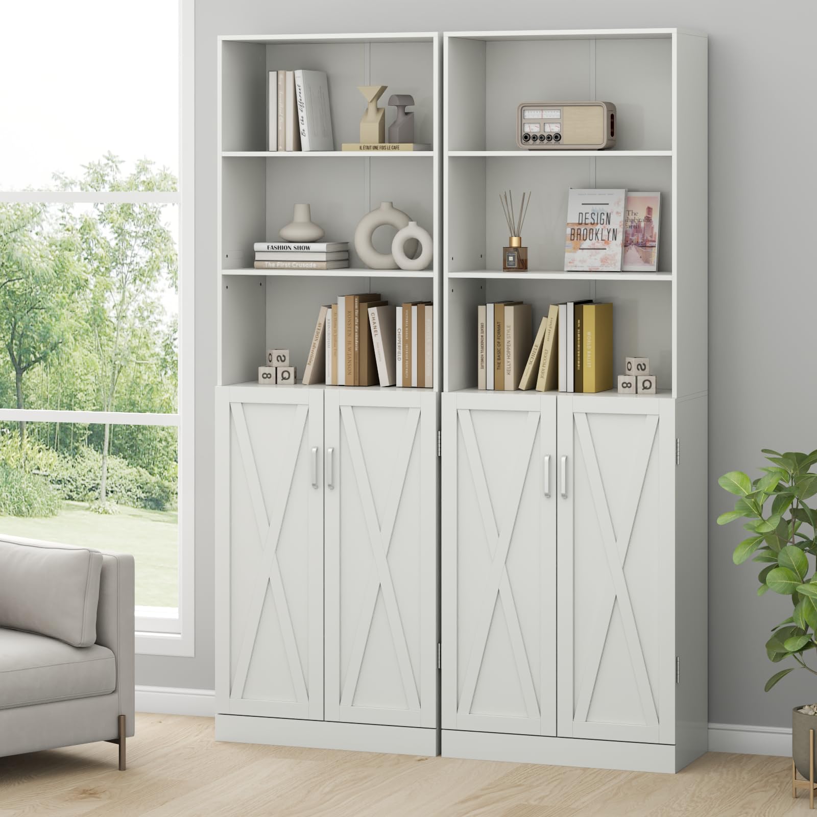 Industrial Boolshelf with Door, 6 Tier Farmhouse Book Shelf with Adjustable Shelves