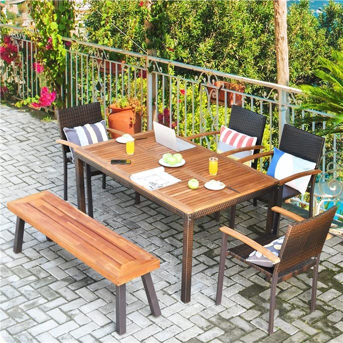 2 Pieces Outdoor Acacia Wood Bench, Patio Dining Bench