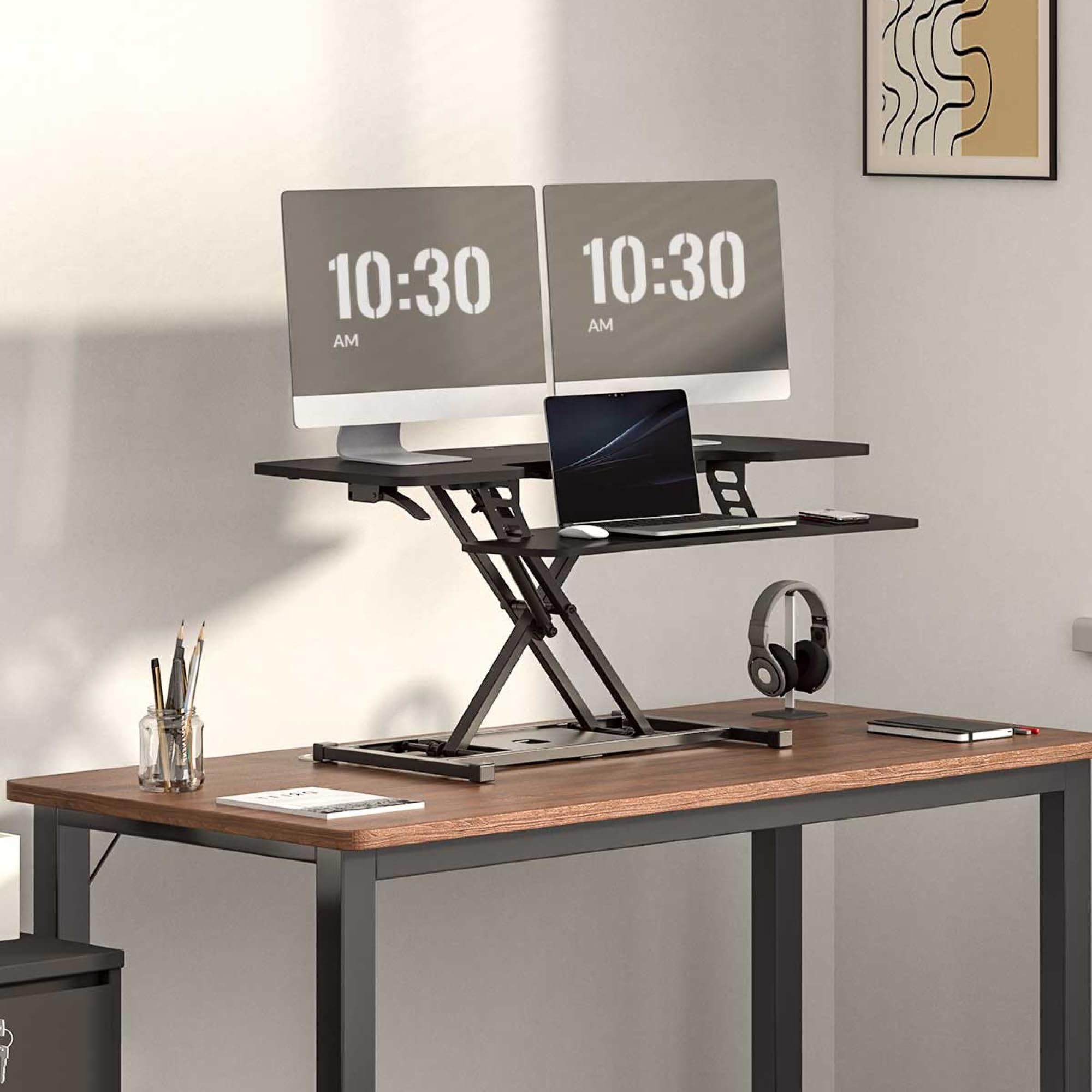 Standing Desk Converter 42 inch Spacious Sit to Stand up Dual Monitor and Laptop Desk Riser, Big Size Tabletop Workstation with Large Keyboard Tray, Black