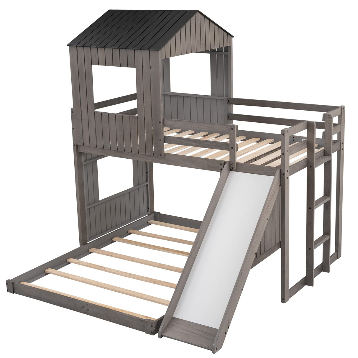 House Bunk Beds with Slide, Wood Twin Over Full Bunk Beds with Roof and Guard Rail