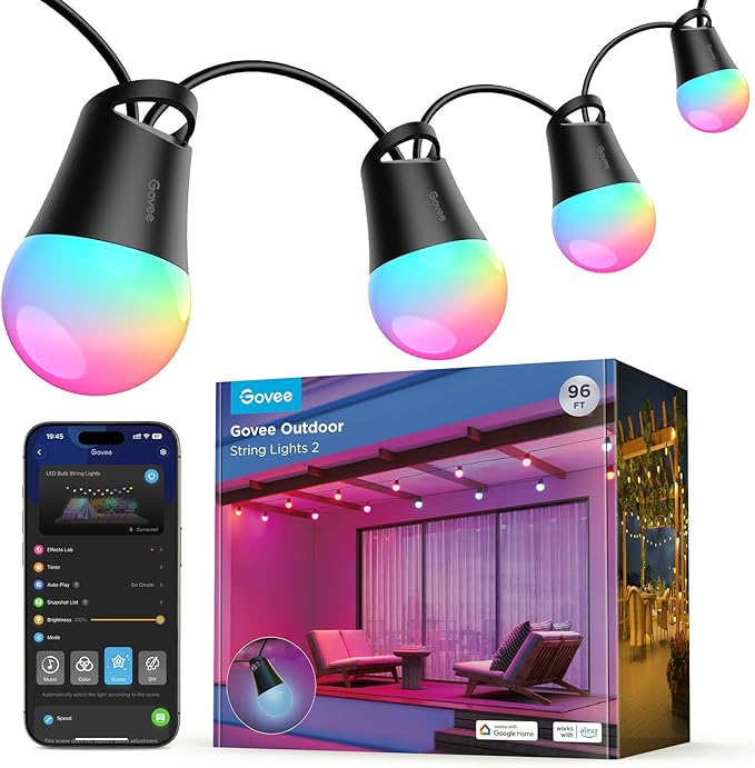 String Lights 2, 144ft Outdoor Lights with Dimmable Warm White LED Bulbs, 47 Scene