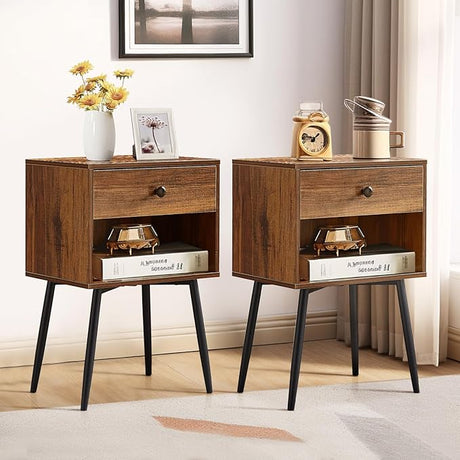 Nightstand Set of 2 Modern Night Stand/Side Table Easy Assembly with Drawer and Storage Shelf Wood