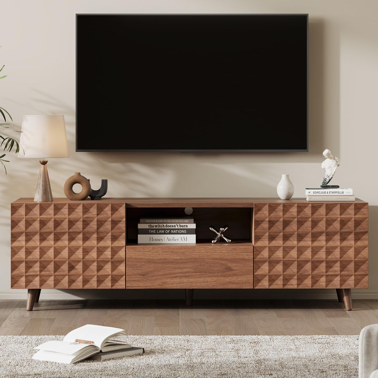 65 Inch TV Stand with Diamond Panel - Modern Entertainment Center