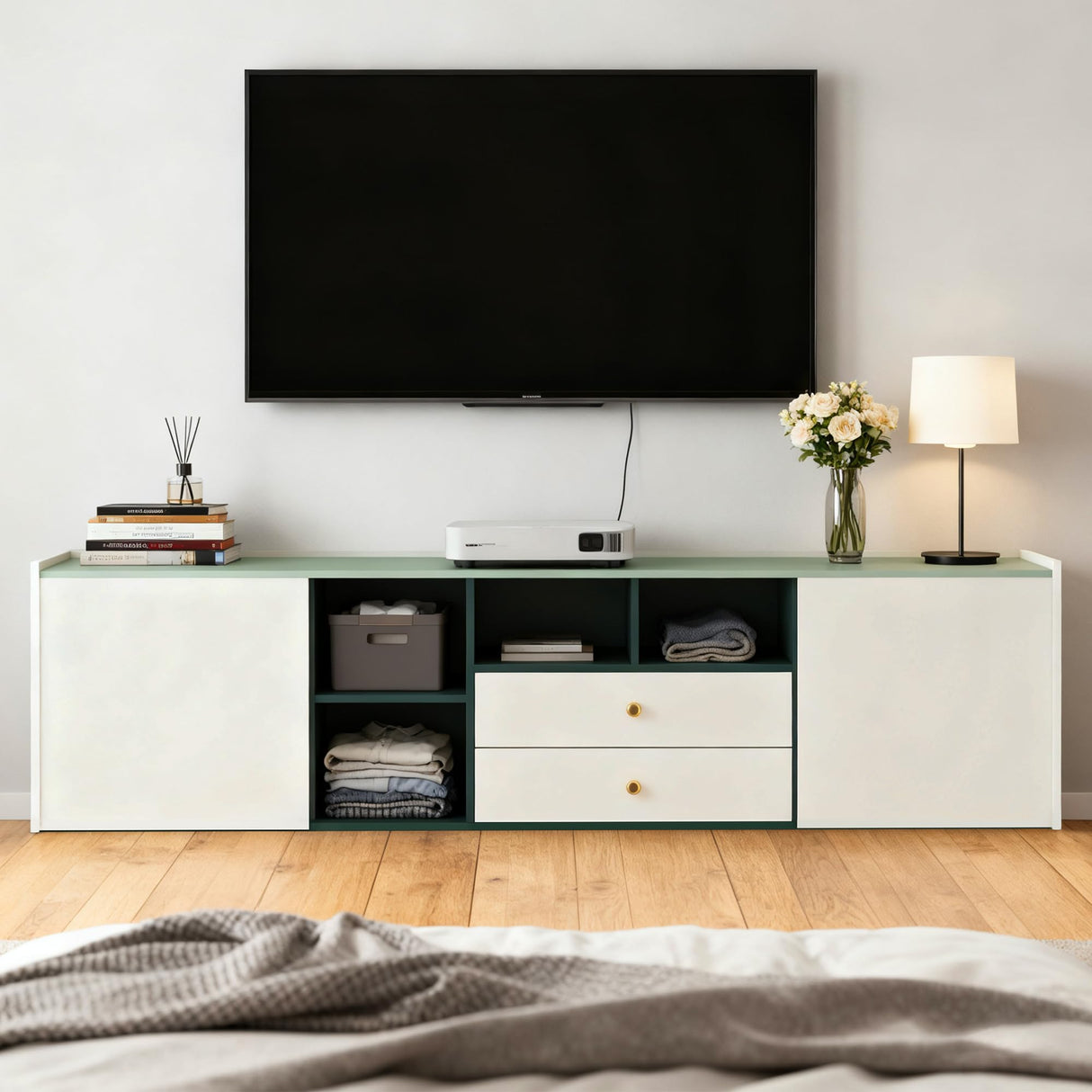 78.74" Modern TV Stand with Storage - Green & White Entertainment Center