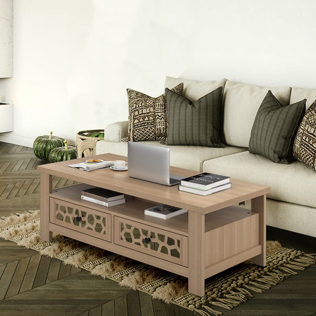 3-Tier Coffee Table, 47" Rectangular Center Table w/Acrylic Mirror Design, Wooden Table