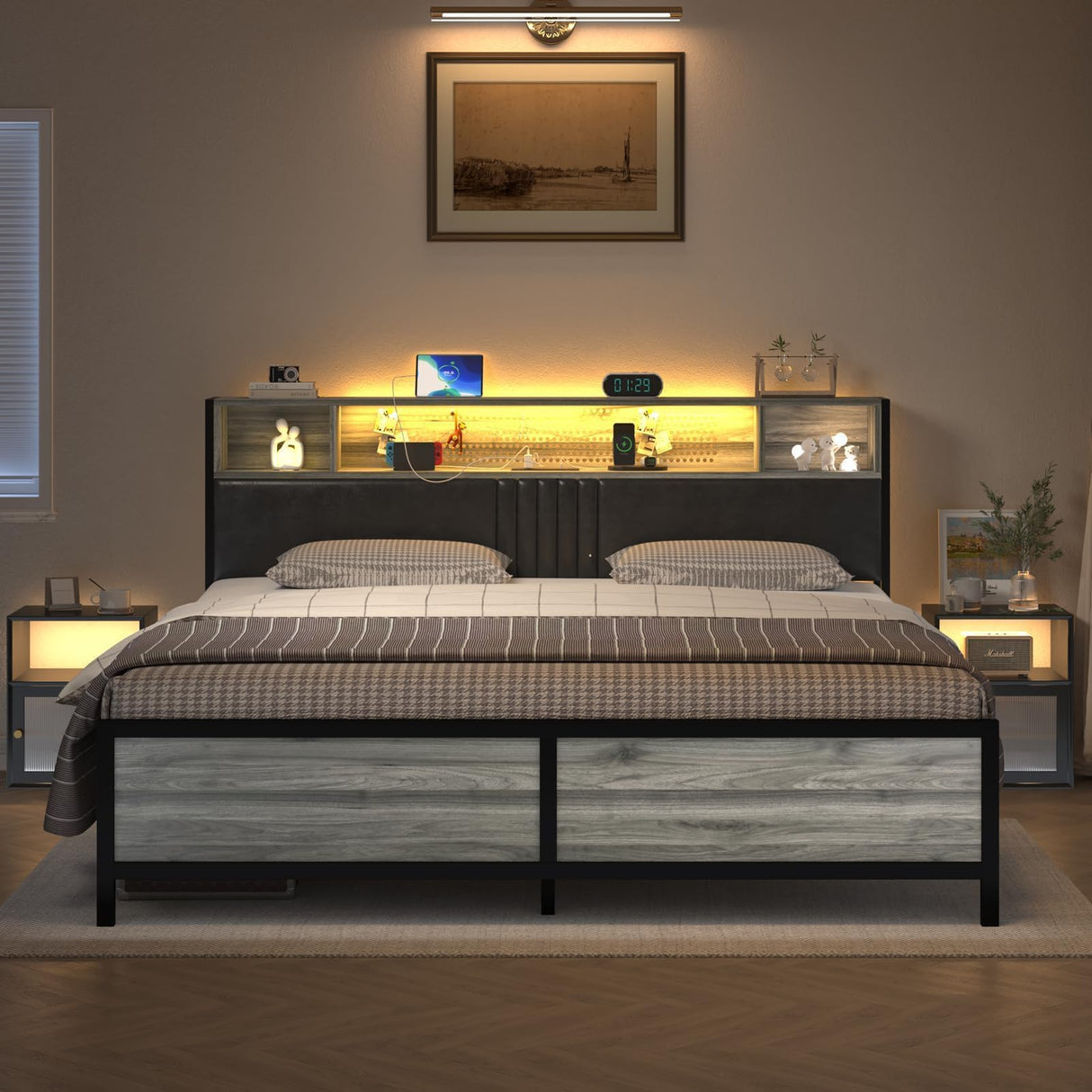 King Size Bed Frame, King Bed Frame with Charging Station and LED Lights, King Size Upholstered Bed Frame with Headboard Storage, Heavy Duty Metal Slat Support, No Box Spring Needed, Noise-Free