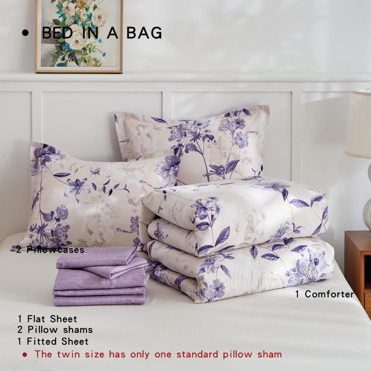 7-Piece Queen Size Bed in a Bag Comforter Set - Lilac Purple Floral Ensemble