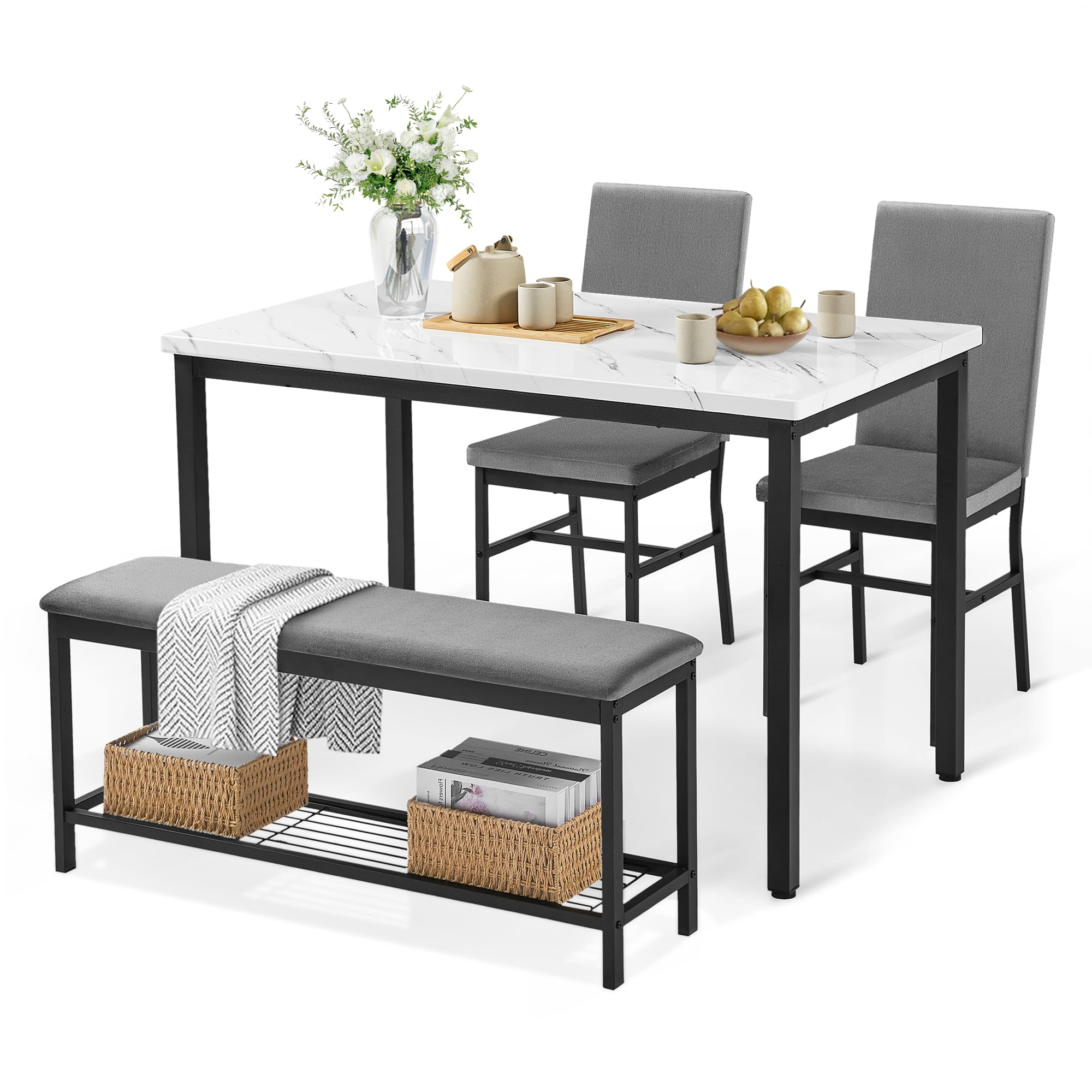 47.2" Faux Marble Dining Table Set for 4 with Velvet Chairs and Bench