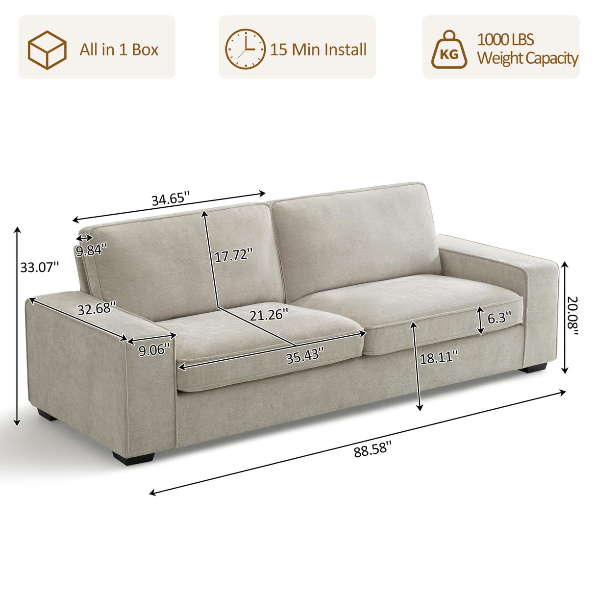 88" Chenille Sofa Couch, 3 Seater Loveseat for Living Room, Lounge Sofa for Bedroom