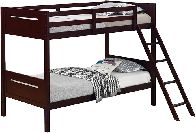 Amey Wood Twin Bunk Bed with Angled Ladder, Guardrail, Slat Kit, Brown