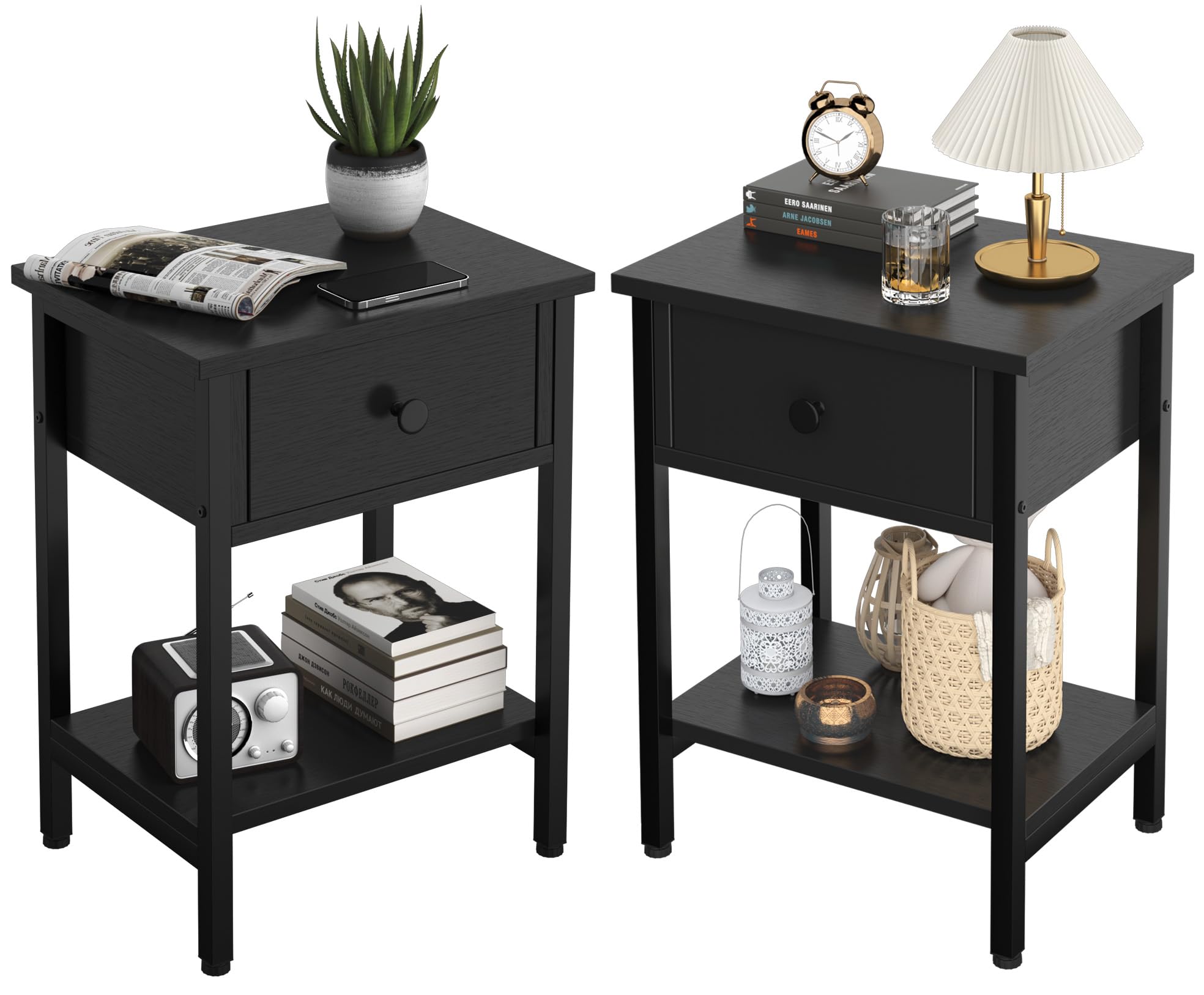 Wood Metal Night Stand, Easy to Assemble, Black