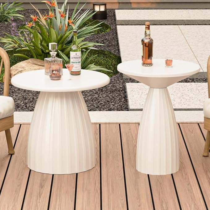 Metal Small Patio Table, Round Outdoor Side Table, Wood Color Outdoor Accent