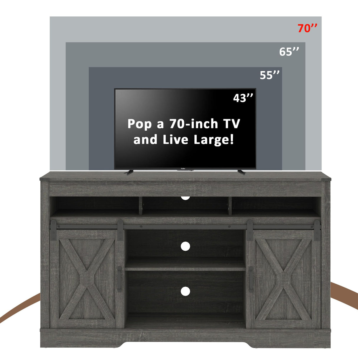 65 inch TV Stand, Entertainment Center with Sliding Barn Doors, Dark Grey